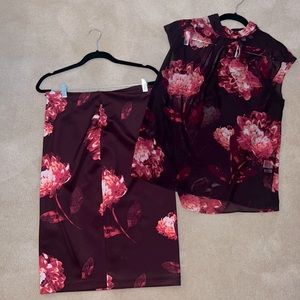New York & Company Woman’s Floral Pink, Burgundy, Red and Blouse Skirt Set.